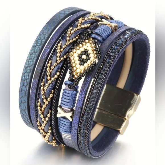 NEW 2/$40 Boho Blue and Gold Wide Beaded Magnetic Bracelet-(#0227) - Picture 1 of 3